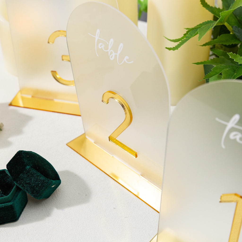 Arch Wedding Table Numbers and Names in Gold Mirror Acrylic and White 3D Letters