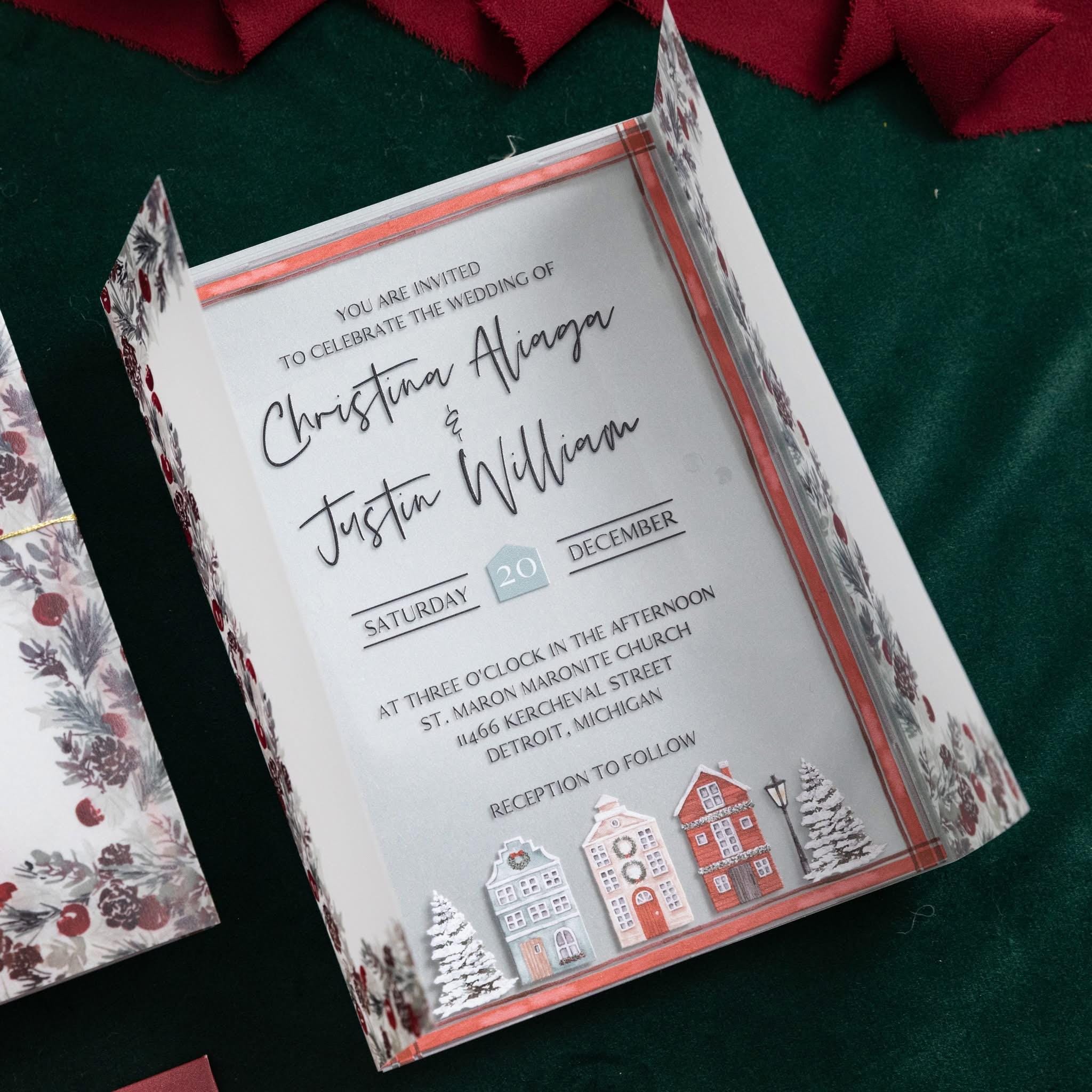 Acrylic Winter Wedding Invitation | Vellum Gatefold, Gold Reindeer