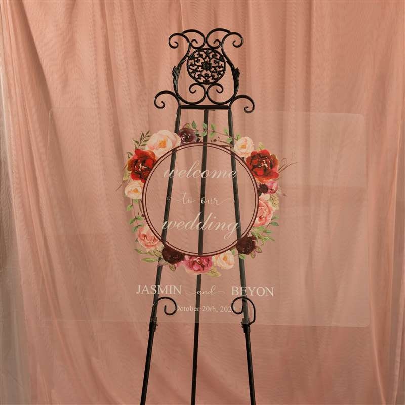 Burgundy Blush Floral Wreath Acrylic Wedding Welcome Sign