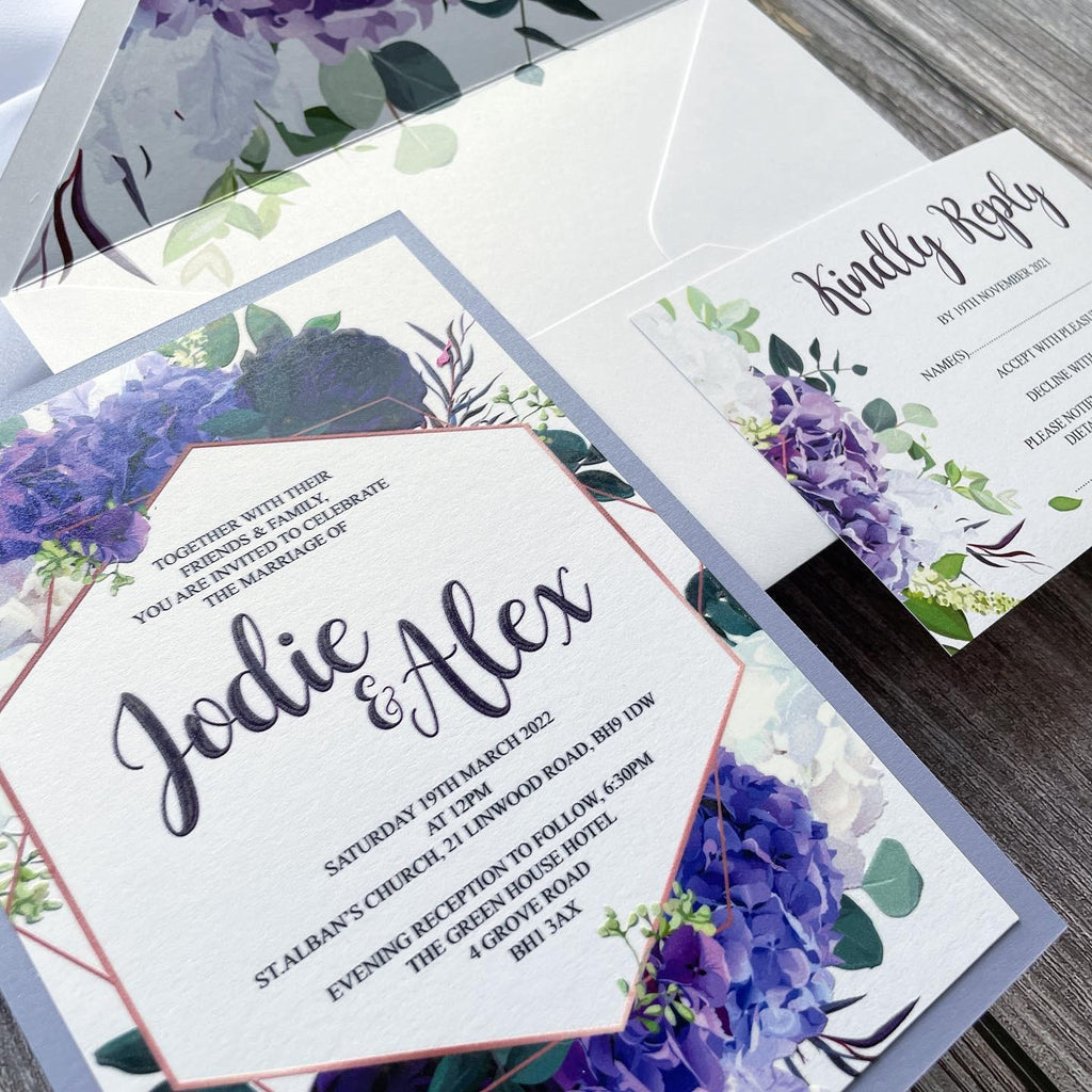 Lilac, Lavender & Purple Wedding Invitation with Matching Inserts & Envelope With Liner
