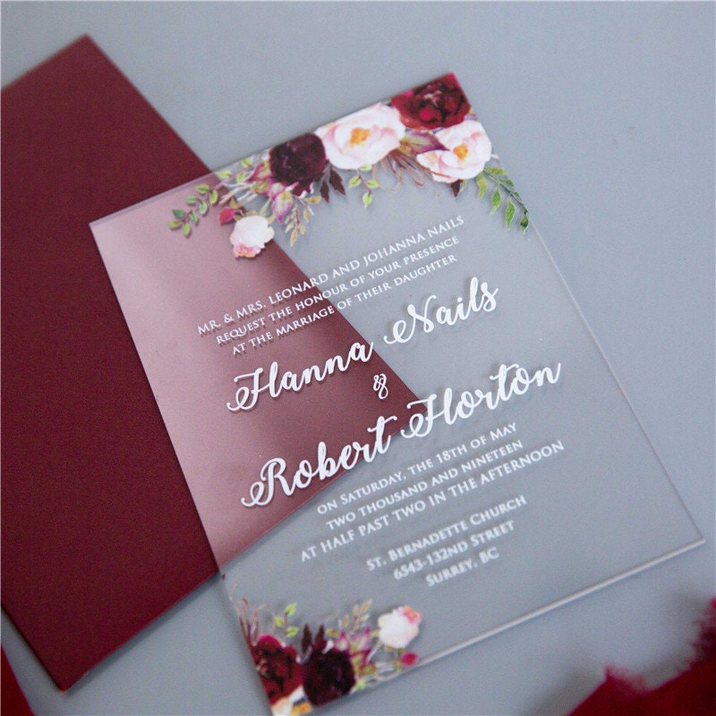Acrylic Wedding Invitation: Clear Perspex with Burgundy Floral Design
