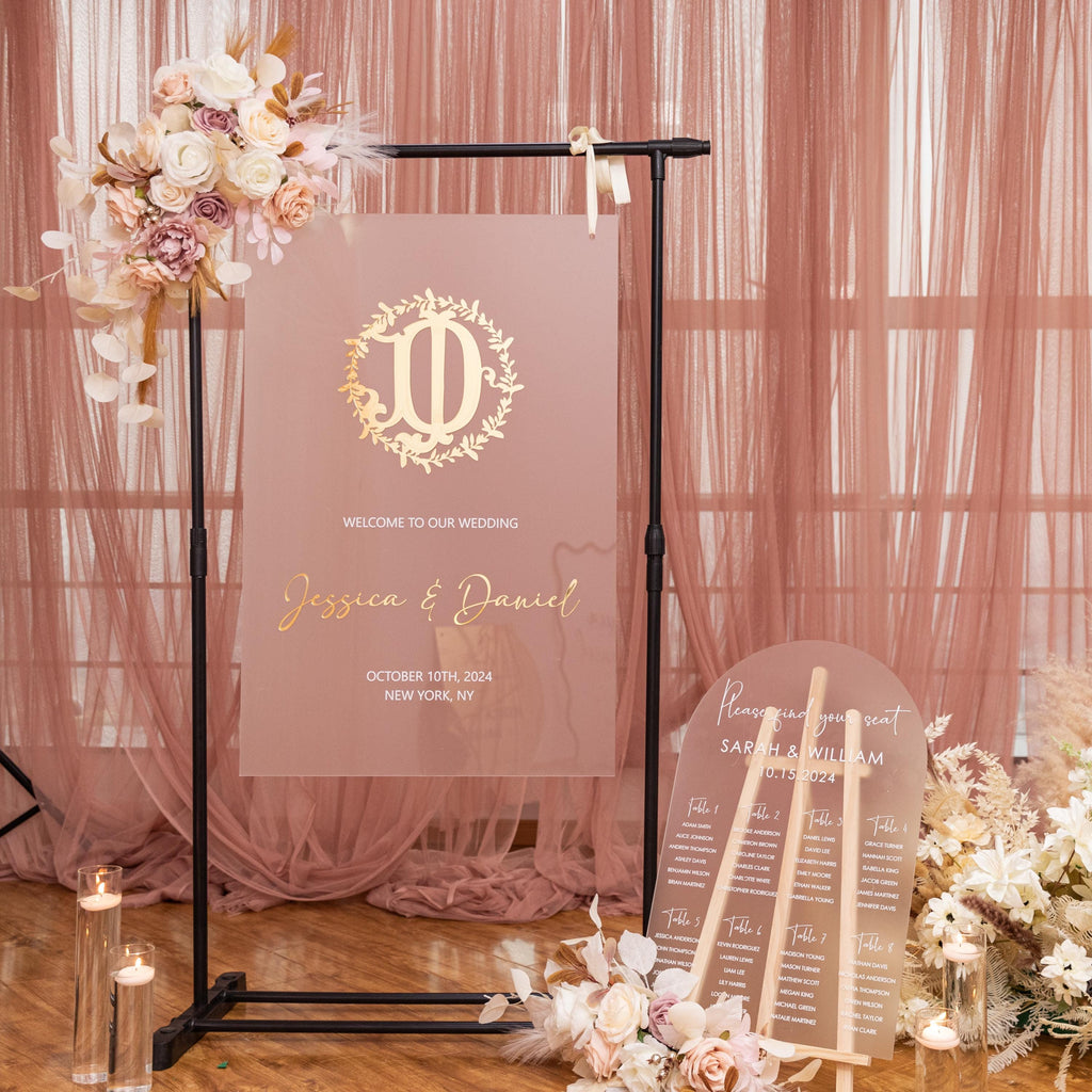Frosted Acrylic Wedding Welcome Sign | Gold 3D Mirror Initial & Names