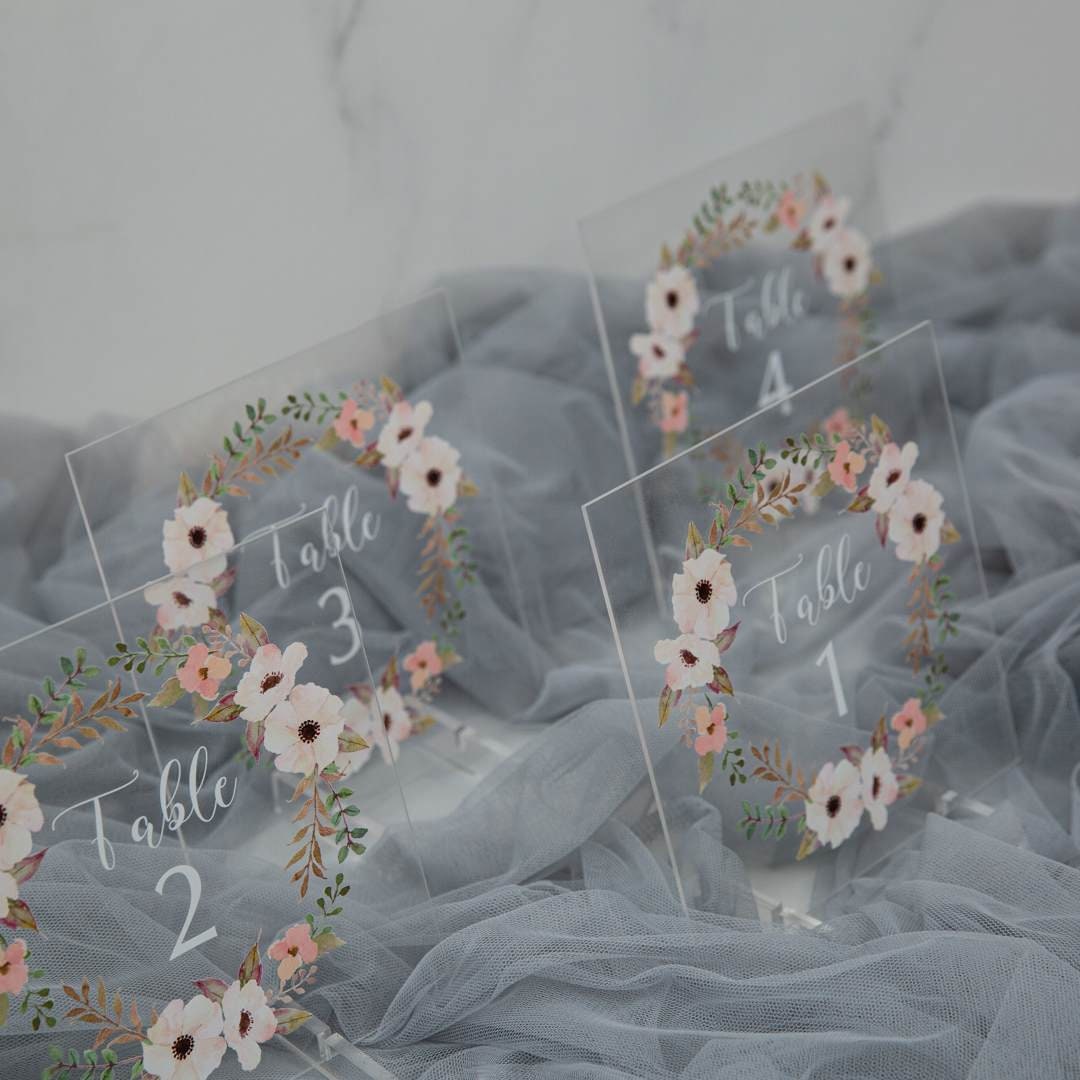 Peach Floral Acrylic Wedding Table Number Sign