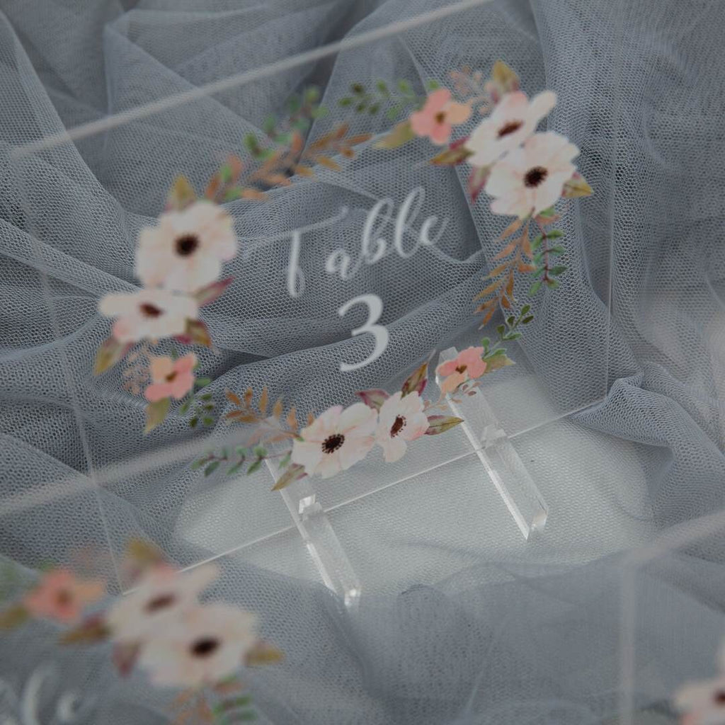 Peach Floral Acrylic Wedding Table Number Sign