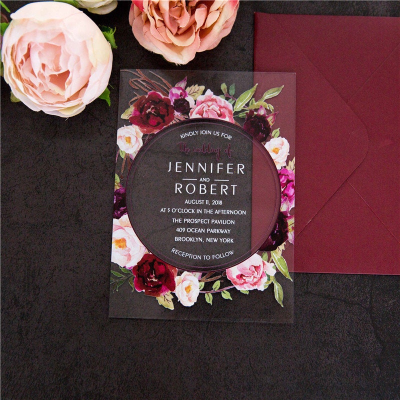 Acrylic Clear Burgundy Red Floral Wreath Wedding Invitation