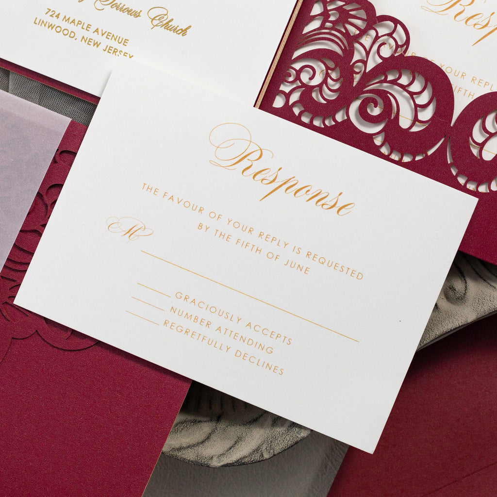 Elegant Burgundy Lasercut Pocketfold with Foil Detailing