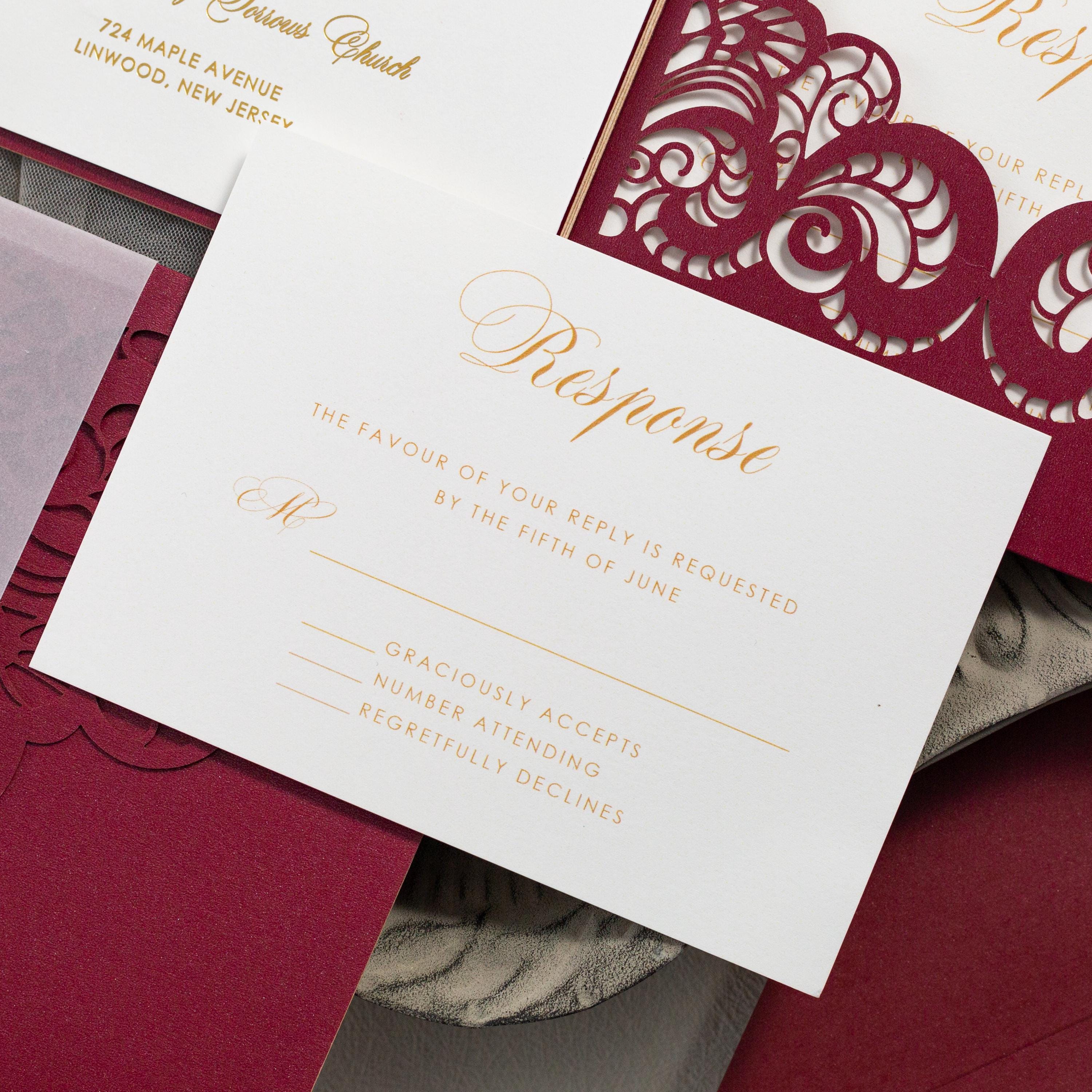 Burgundy Lasercut Wedding Invite with Gold Foil Bellyband