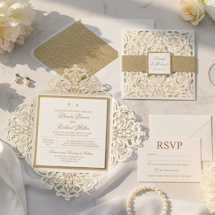 Lasercut Ivory Wedding Invitation with Rose Gold Glitter Details