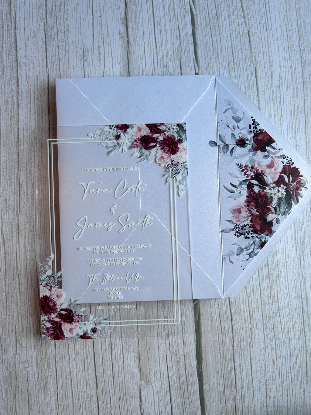 Acrylic Wedding Invitation with Wax Seal, Clear Floral Wedding Invite, Luxury Modern Wedding Stationery