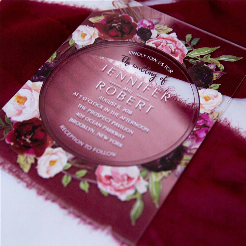 Acrylic Clear Burgundy Red Floral Wreath Wedding Invitation