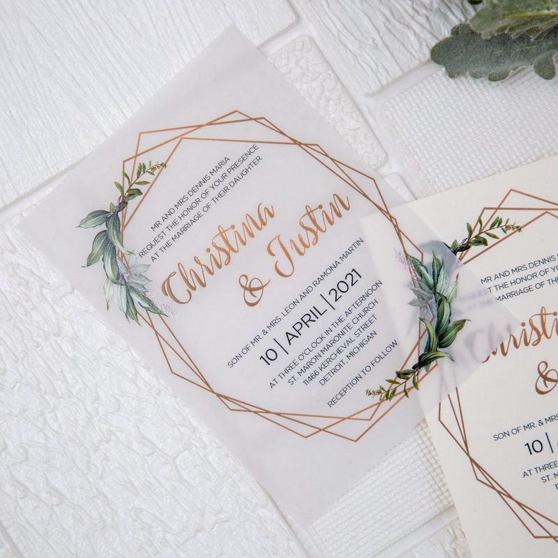 Geometric Olive Eucalyptus Leaf Design UV Printed Wedding Invite / Invitation