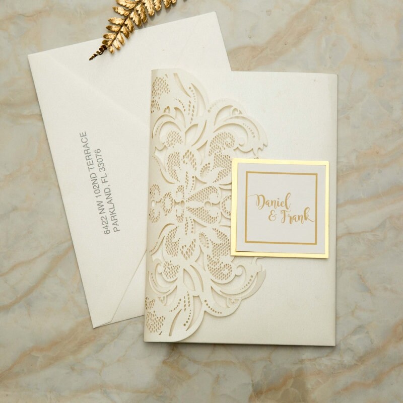 Laser Cut Wedding Invitation: Ivory Shimmer, Gold Mirror