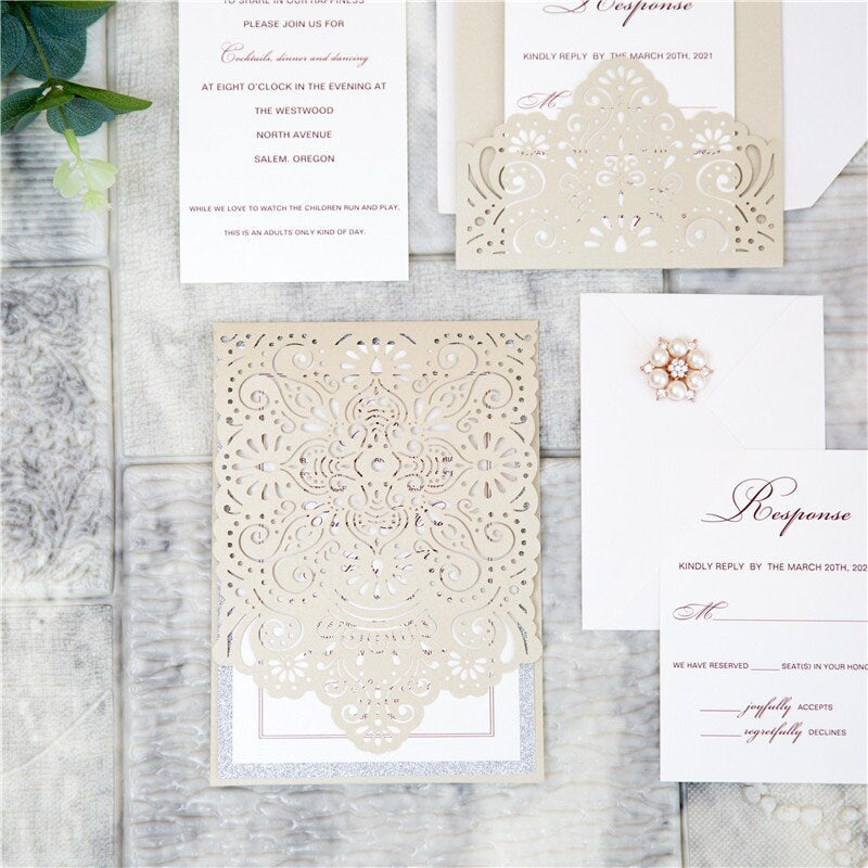 Champagne Gold Pocket Lasercut Wedding Invite / Wedding Invitation