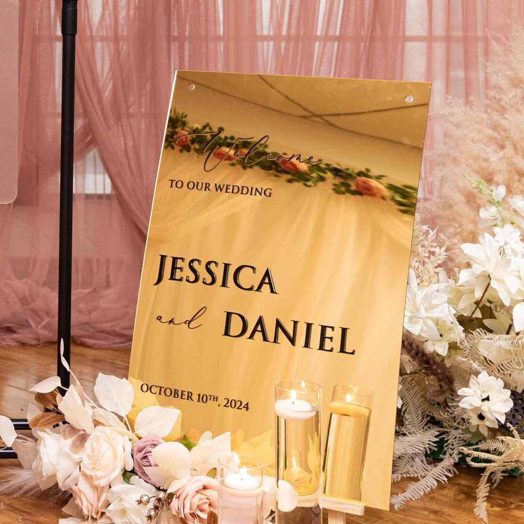 Gold Mirror Acrylic Wedding Welcome Sign, 3D Black Writing
