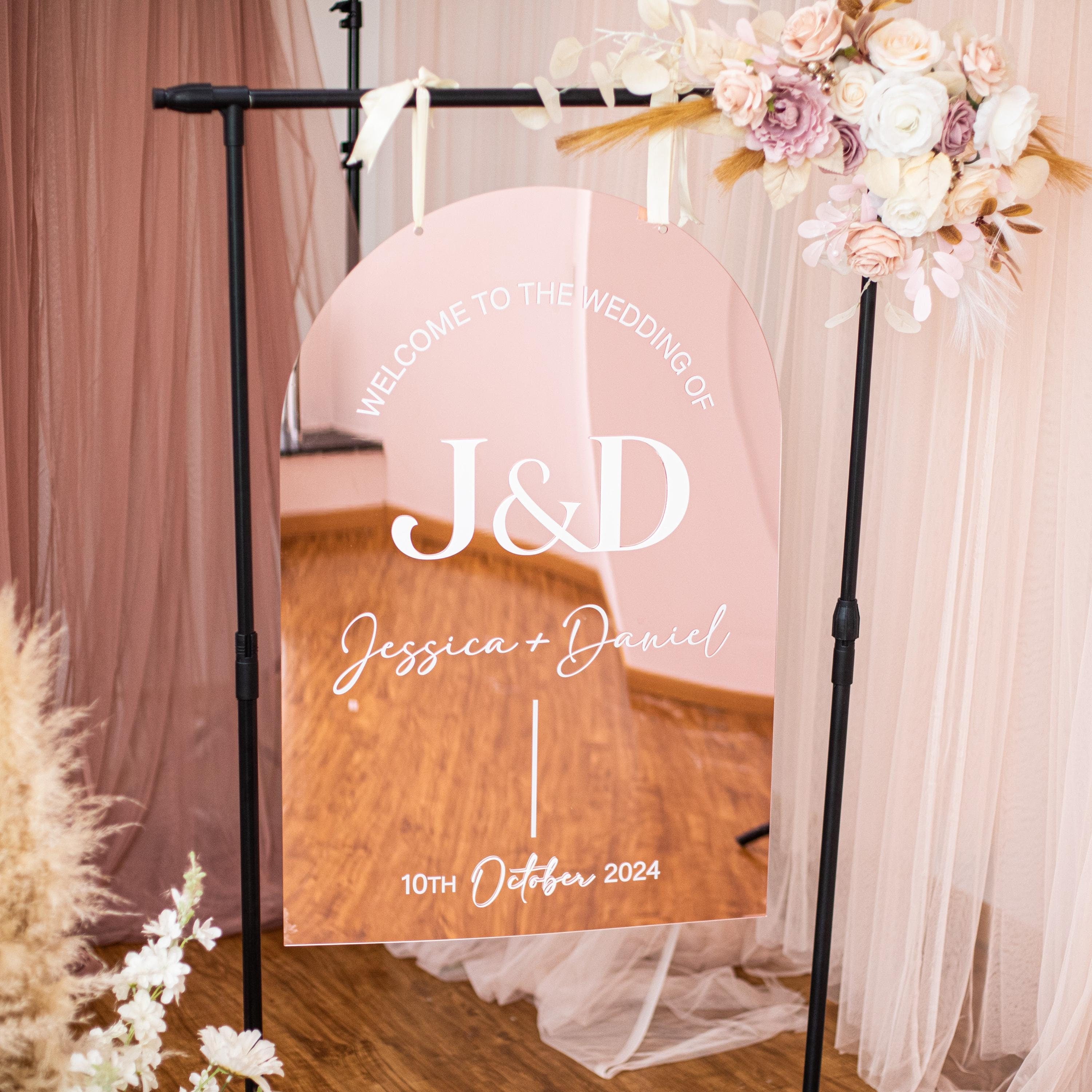 Full Arch Rose Gold Mirror Wedding Welcome Sign with white 3D Acrylic Lettering