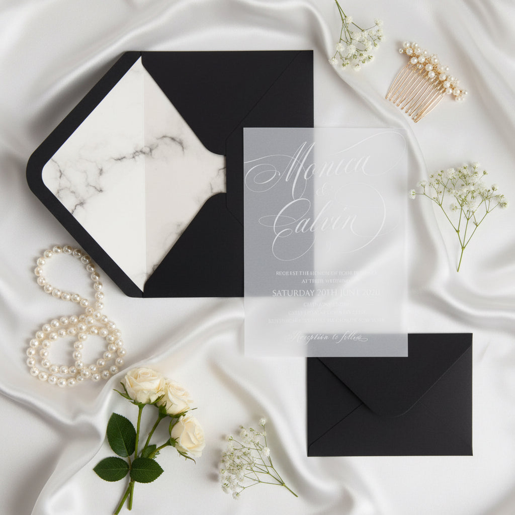 Vellum Wedding Invitation, White Marble UV Printed Invite