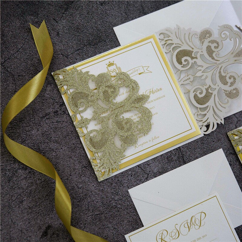 Gold Foil & Gold Glitter Sparkle Lasercut Wedding Invitation with Vellum Bellyband Detailing