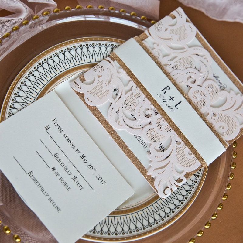 Blush Pink Lasercut Wedding Invite with Rose Gold Glitter Belly Band