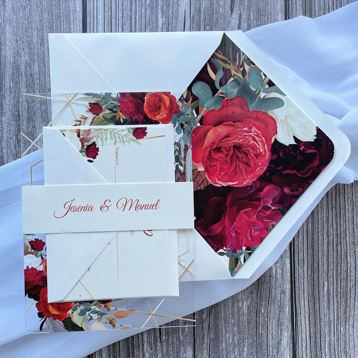 Floral Clear Acrylic Wedding Invitation Suite | Burgundy, Orange & Red