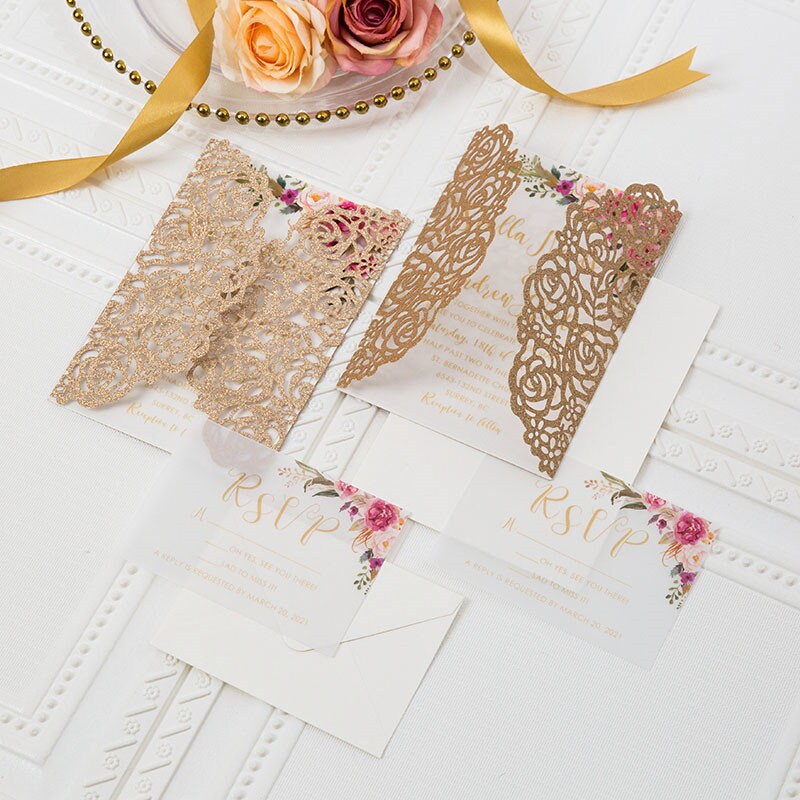 Rose Gold Glitter Lasercut Wedding Invitation with Pink Florals