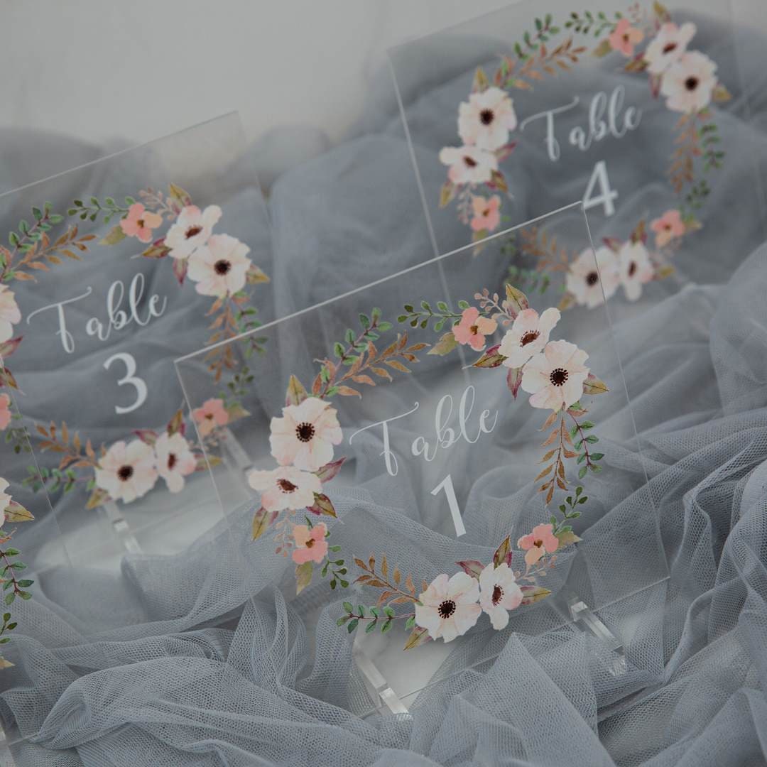 Peach Floral Acrylic Wedding Table Number Sign