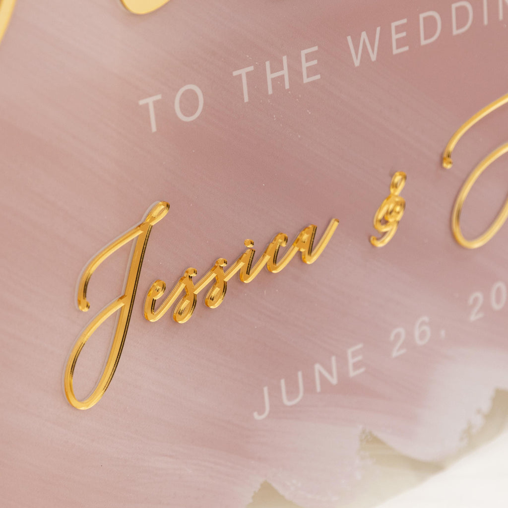 Watercolour blush pink and gold Wedding Welcome Sign with Gold Mirror 3D acrylic Names
