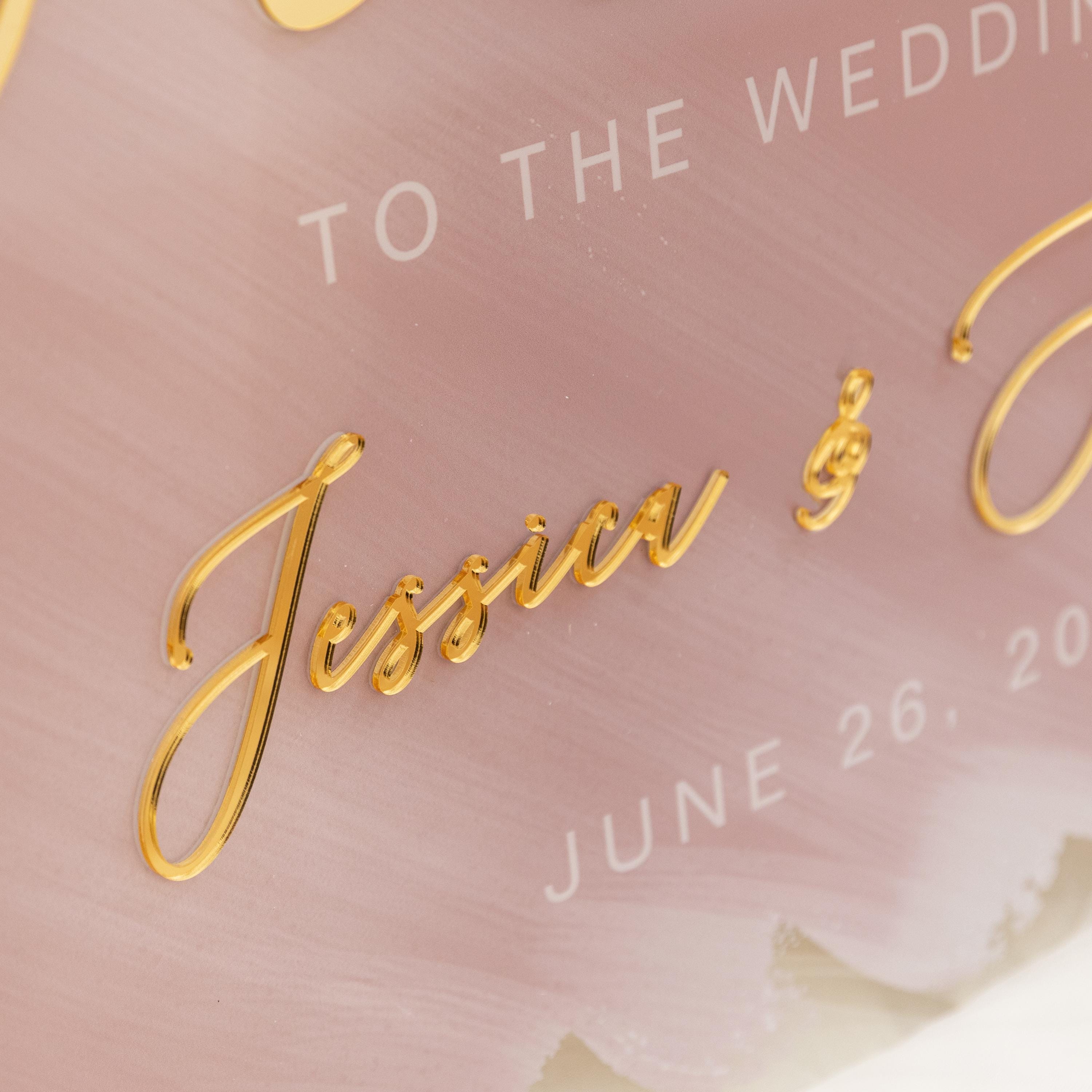 Watercolour blush pink and gold Wedding Welcome Sign with Gold Mirror 3D acrylic Names