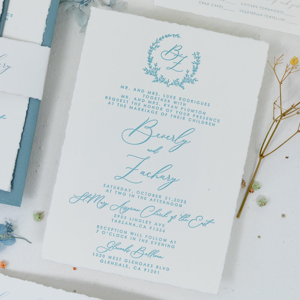Dusty Blue Letter Press Deckle Edge Wedding Invite with Bellyband and Matching Envelope