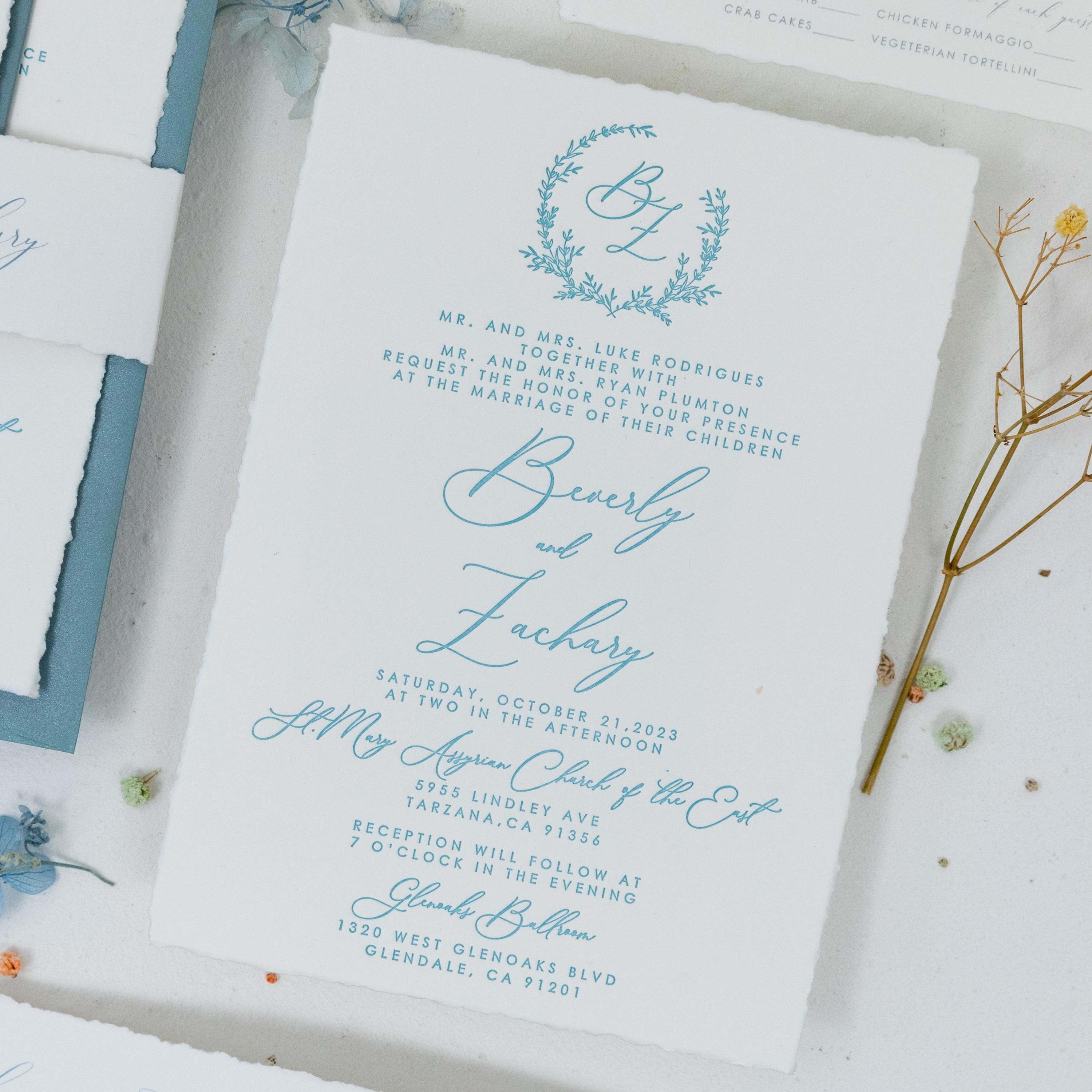 Dusty Blue Letter Press Deckle Edge Wedding Invite with Bellyband and Matching Envelope