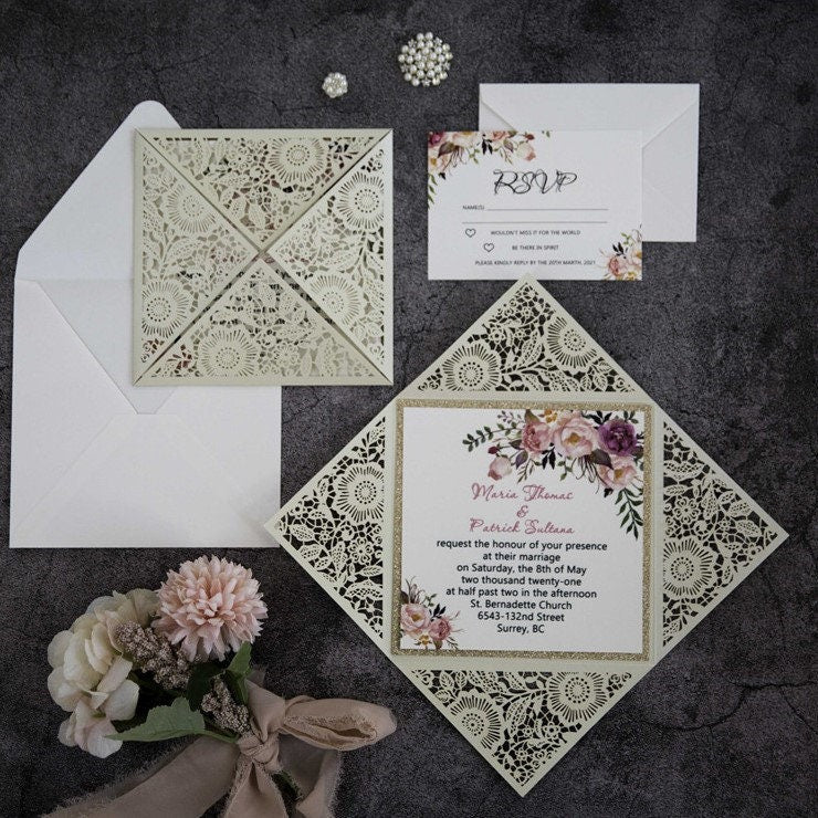 Boho Floral Laser Cut Wedding Invitation