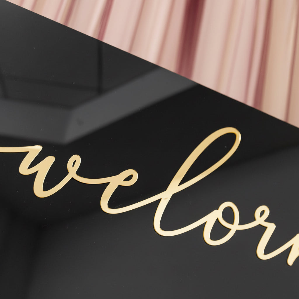 Personalized Black Acrylic Wedding Welcome Sign, Gold Mirror 3D Lettering