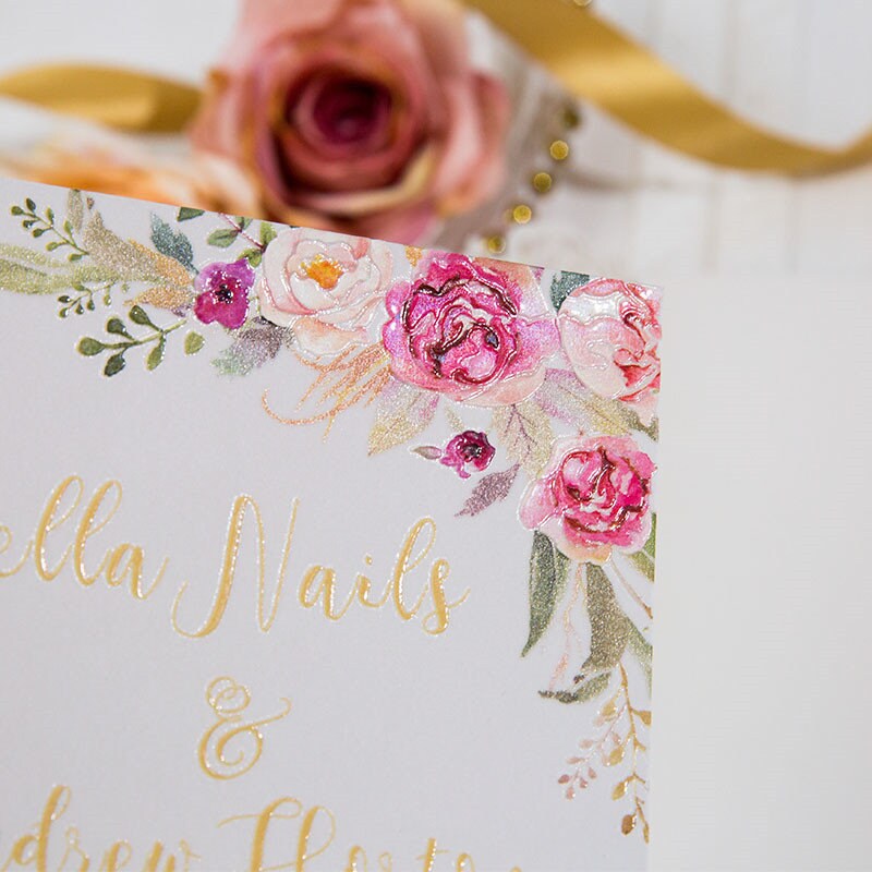 Rose Gold Glitter Lasercut Wedding Invitation with Pink Florals