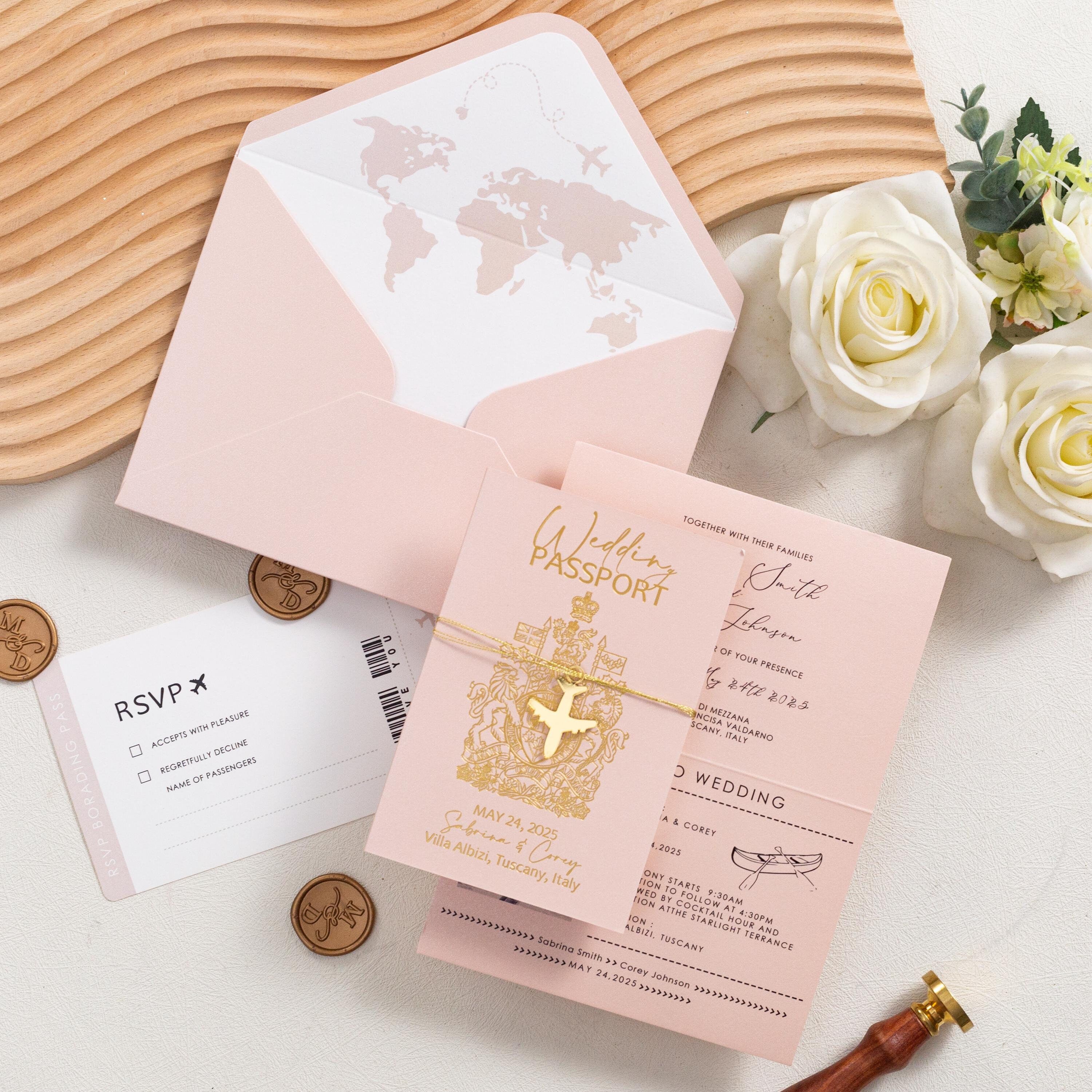 Destination Wedding Invitation: Passport with Gold Foil Airplane