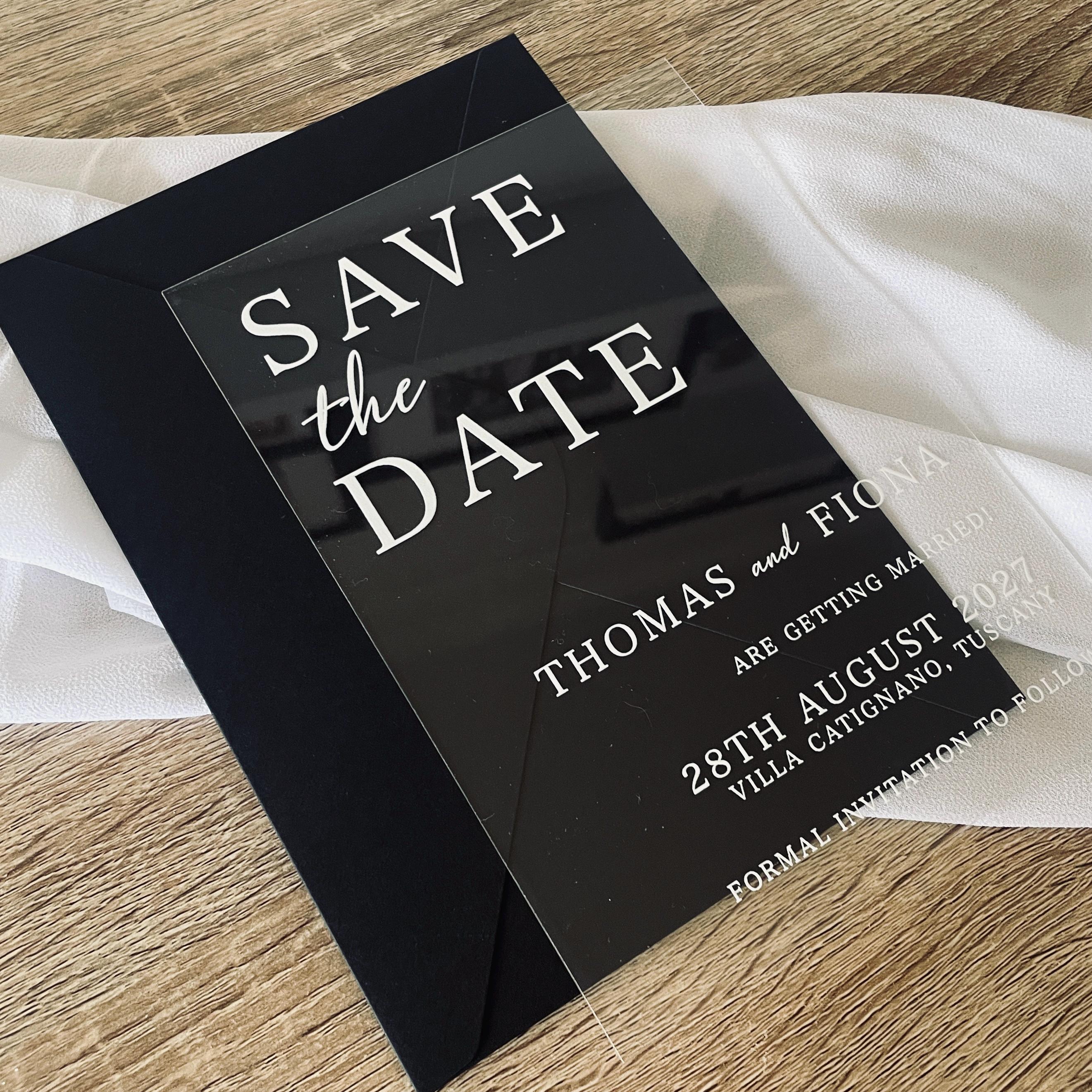 Clear Acrylic Save The Date | Black & White Modern Wedding