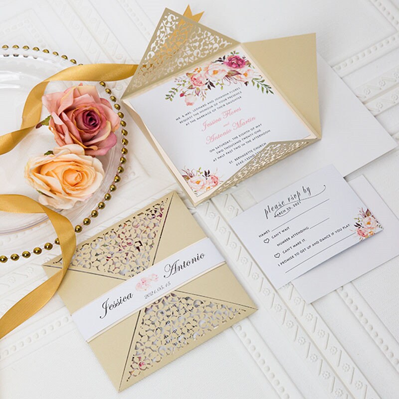 Laser Cut Floral Wedding Invitation Suite, Gold Shimmer