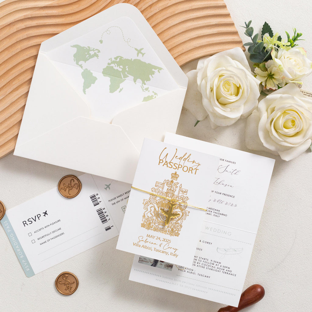 Destination Wedding Passport Invitation with Gold Airplane Charm