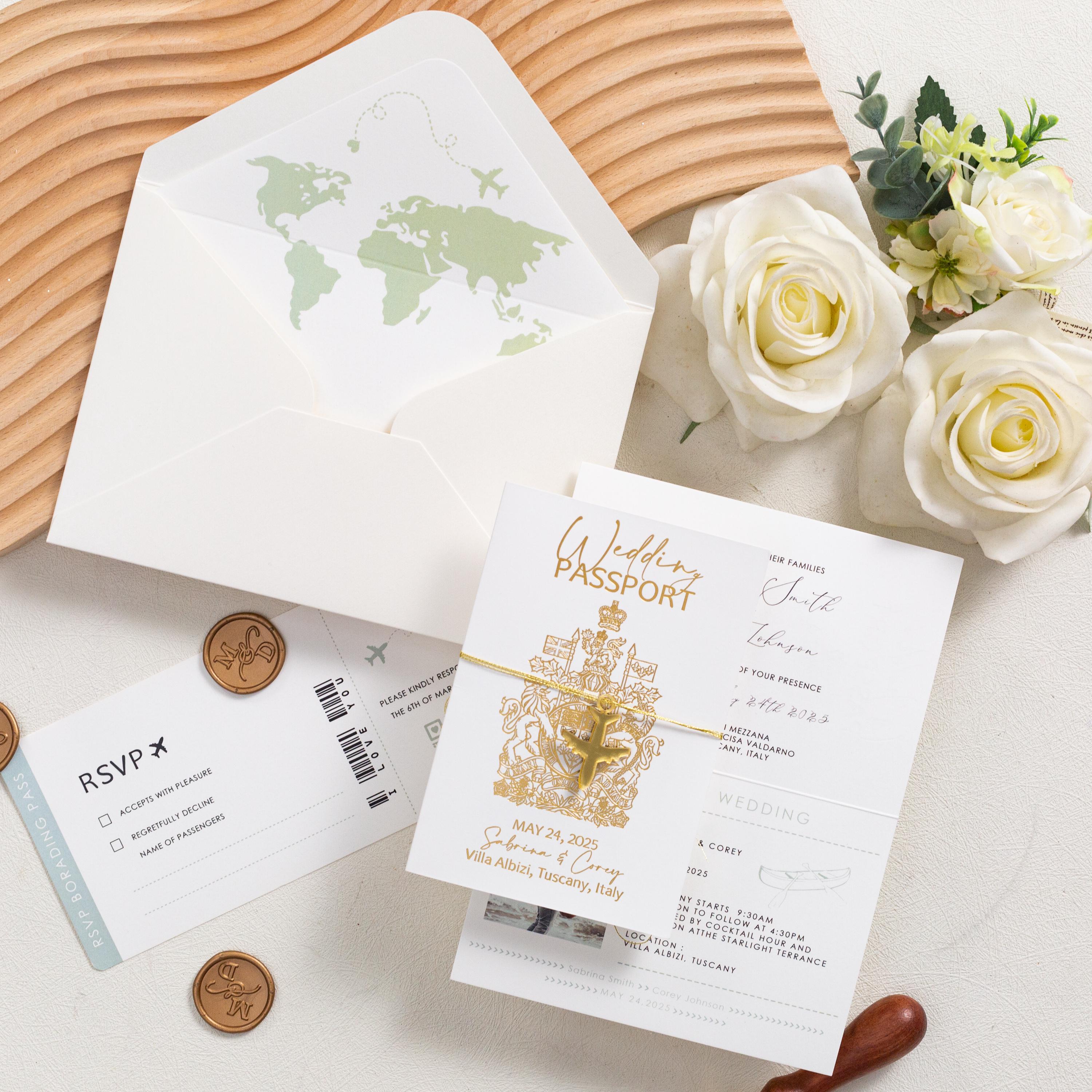 Destination Wedding Passport Invitation with Gold Airplane Charm