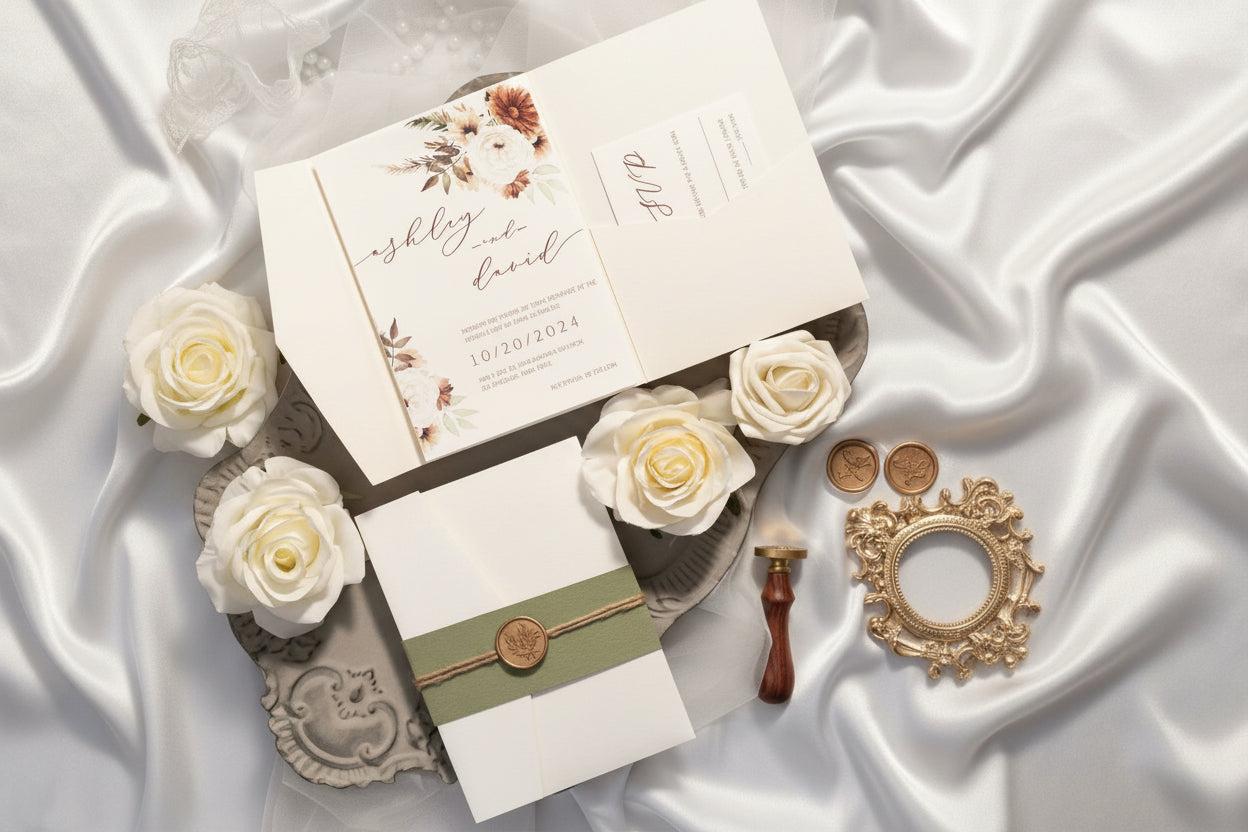 Rustic Autumn Floral Wedding Invitation | Twine & Wax Seal Pocketfold