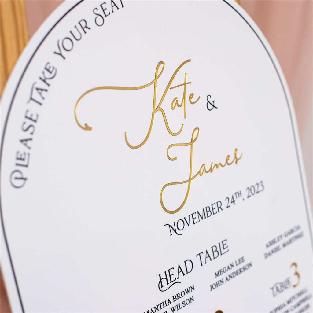 Arch White Acrylic Wedding Table Plan with Gold Mirror Acrylic 3D Lettering