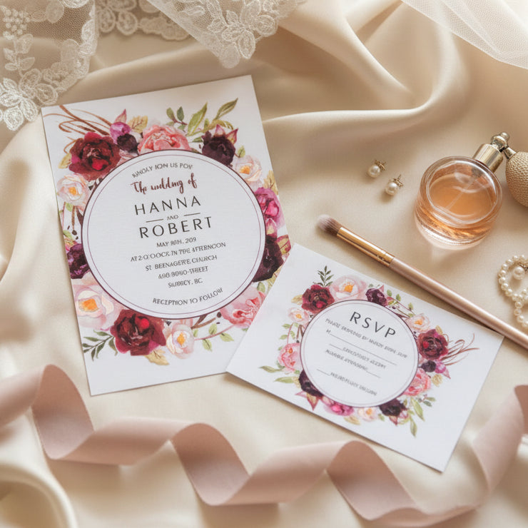 UV Printed Floral Wedding Invitation, Burgundy & Peach