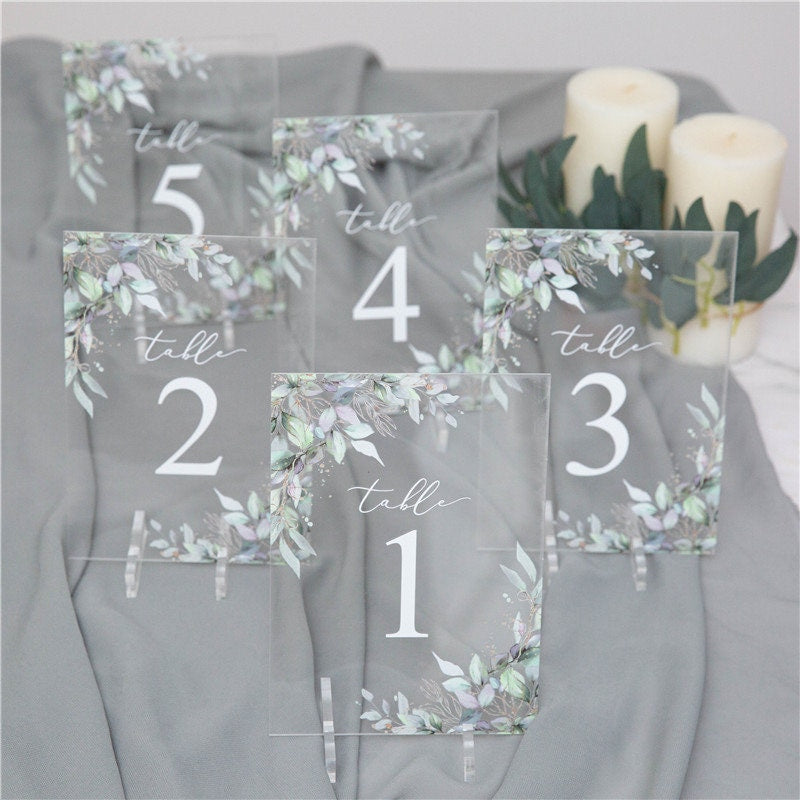 Boho Clear Acrylic Table Names & Numbers, Eucalyptus Foliage Design, Wedding Reception Decor