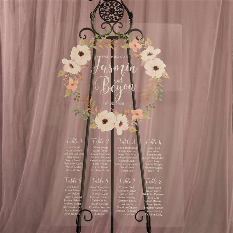 Floral Wreath Clear Acrylic Wedding Seating Plan