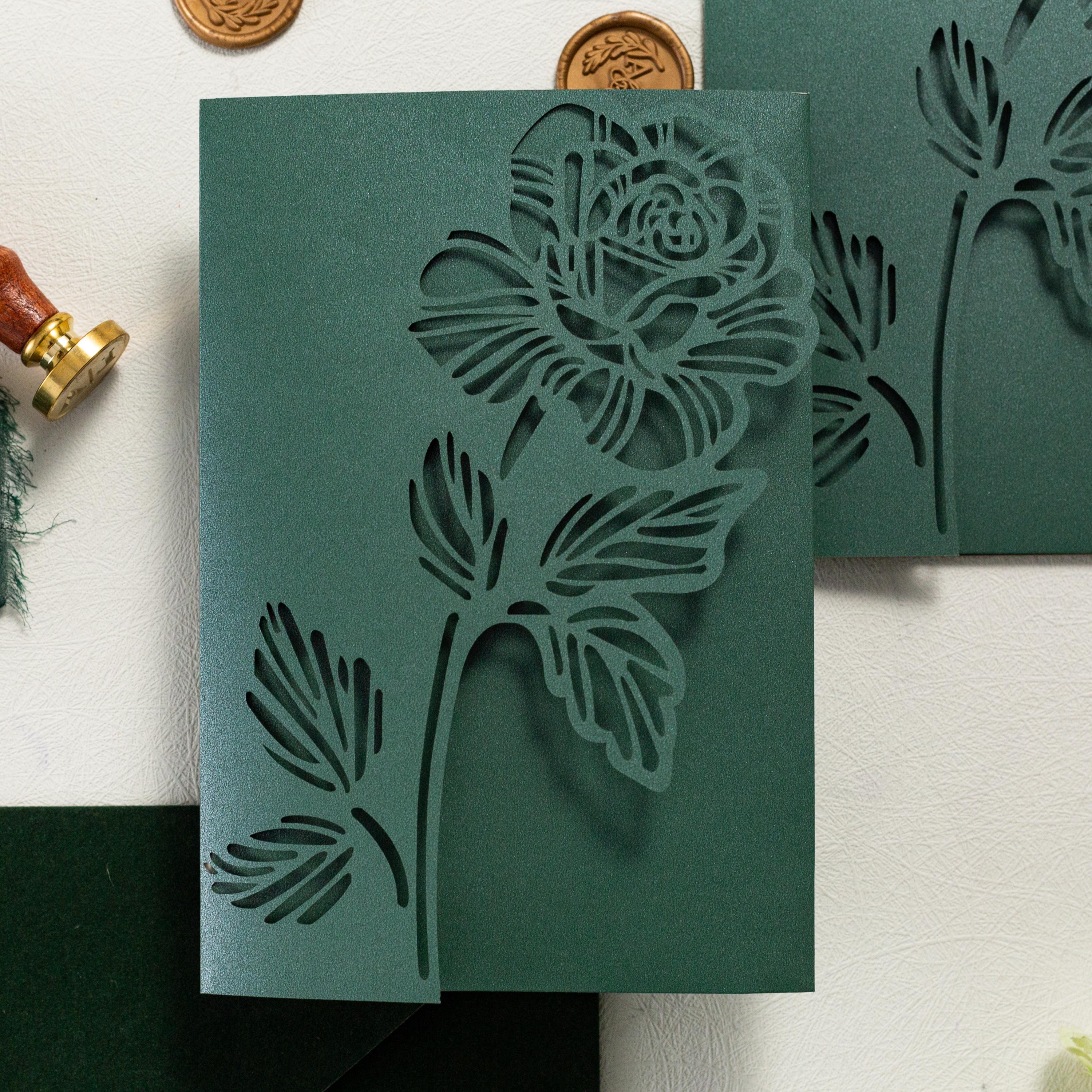 Emerald Green Laser Cut Wedding Invitation, Floral Velvet Envelope, Gold Wax Seal