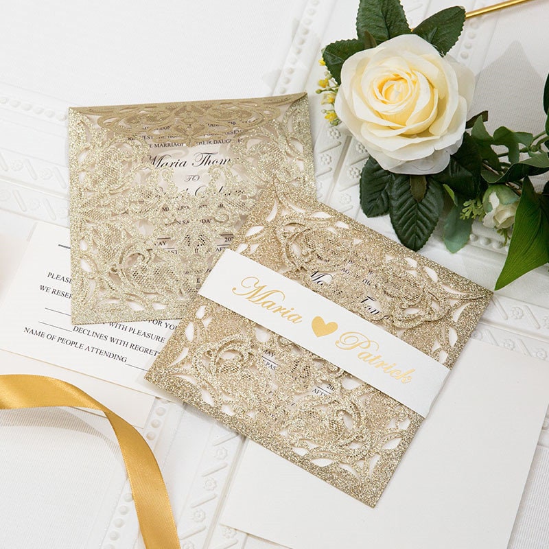 Gold Glitter Laser Cut Wedding Invitation, Ivory Shimmer Suite