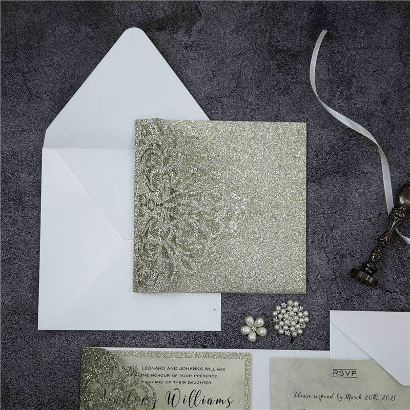 Champagne Gold Glitter Pocket fold Lasercut Wedding Invitation
