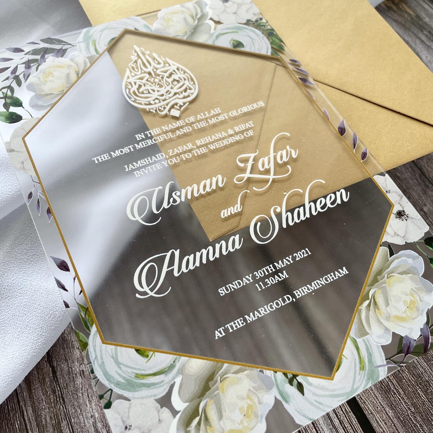 Floral Frosted Acrylic Wedding Invitation | Gold Metallic Envelope