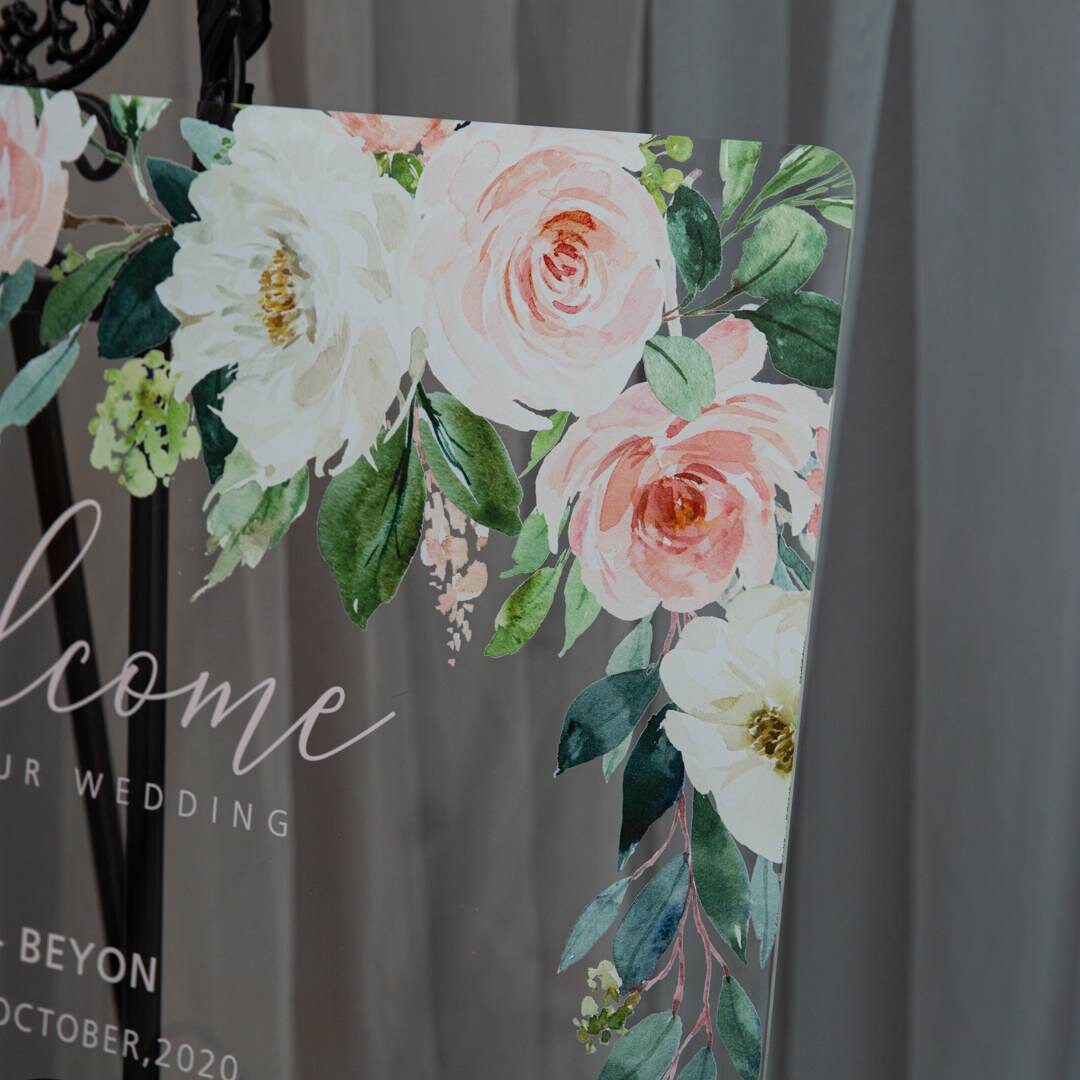Blush Floral Acrylic Wedding Welcome Sign, Personalized Calligraphy