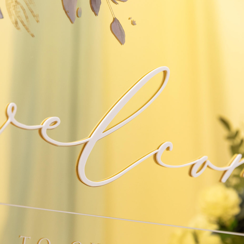 Gold Mirror Wedding Welcome Sign, White 3D Writing