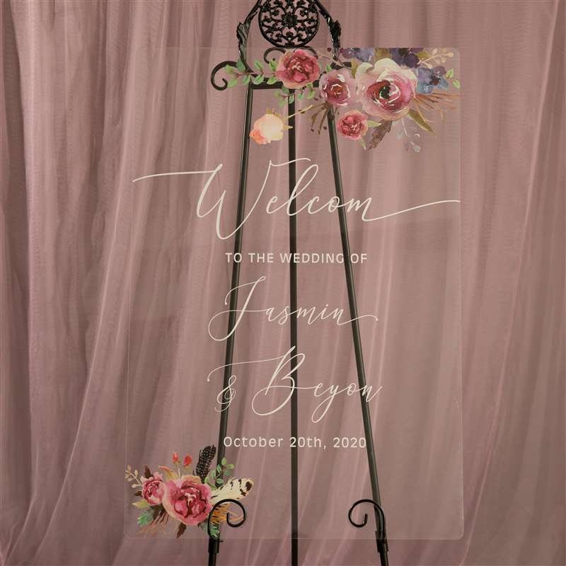 Floral Wreath Acrylic Wedding Welcome Sign, Personalized Calligraphy