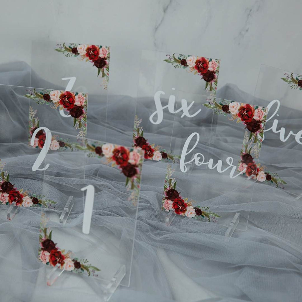 Burgundy Blush Floral Acrylic Wedding Table Number